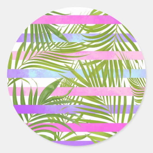 熱帯のヤシのモダン木ピンクの紫ストライプ色 ラウンドシール (正面)