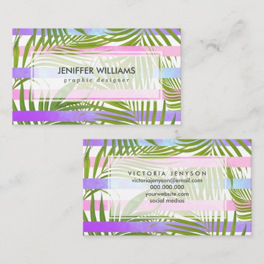 熱帯のヤシのモダン木ピンクの紫ストライプ色 名刺 (正面/裏面)