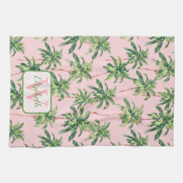 熱帯のヤシの木がピンクにパーソナライズされたなる キッチンタオル