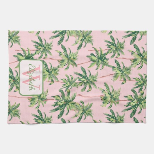 熱帯のヤシの木がピンクにパーソナライズされたなる キッチンタオル (横)