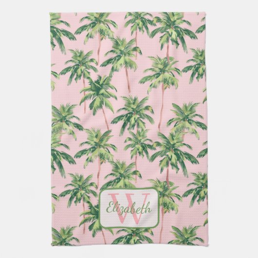 熱帯のヤシの木がピンクにパーソナライズされたなる キッチンタオル (縦)