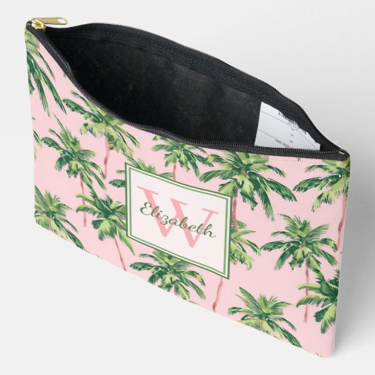 熱帯のヤシの木がピンクのモノグラムに アクセサリーポーチ (見開き)