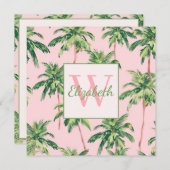 熱帯のヤシの木がピンクのモノグラムに ノートカード (正面/裏面)
