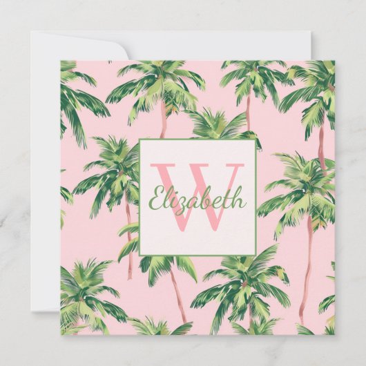 熱帯のヤシの木がピンクのモノグラムに ノートカード (正面)