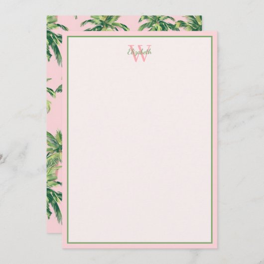 熱帯のヤシの木がピンクのモノグラムに ノートカード (正面/裏面)