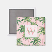 熱帯のヤシの木がピンクのモノグラムに マグネット (正面/裏面)