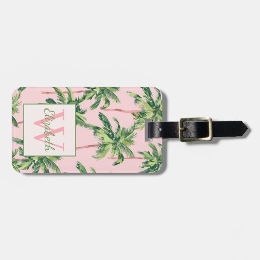熱帯のヤシの木がピンクのモノグラムに ラゲッジタグ (正面横)