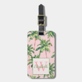 熱帯のヤシの木がピンクのモノグラムに ラゲッジタグ (正面縦)