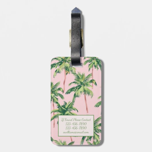 熱帯のヤシの木がピンクのモノグラムに ラゲッジタグ (裏面縦)