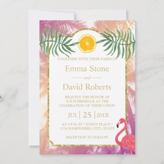 熱帯のヤシの木とオレンジの果実の夏結婚の 招待状 (正面)