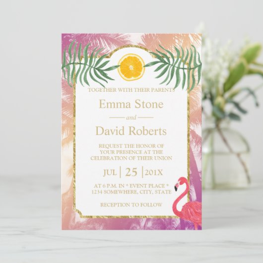 熱帯のヤシの木とオレンジの果実の夏結婚の 招待状 (スタンド正面)