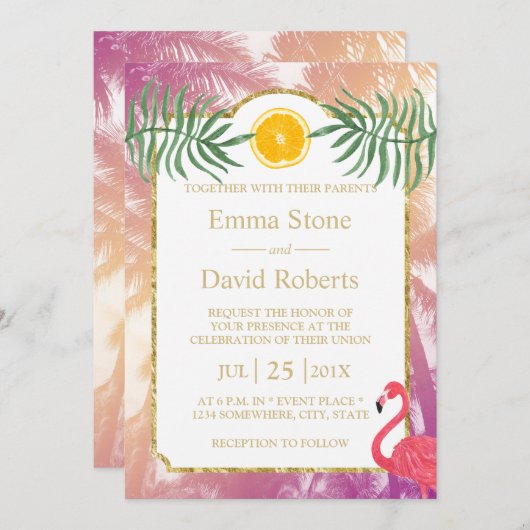 熱帯のヤシの木とオレンジの果実の夏結婚の 招待状 (正面/裏面)