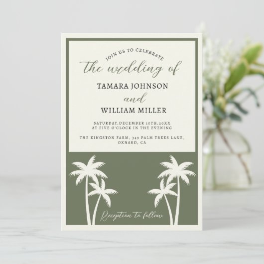 熱帯のヤシの木のセージ結婚グリーンの写真 招待状 (スタンド正面)