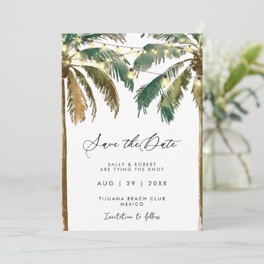 熱帯のヤシの木の光は日付カードを保存 サンキューカード (スタンド正面)