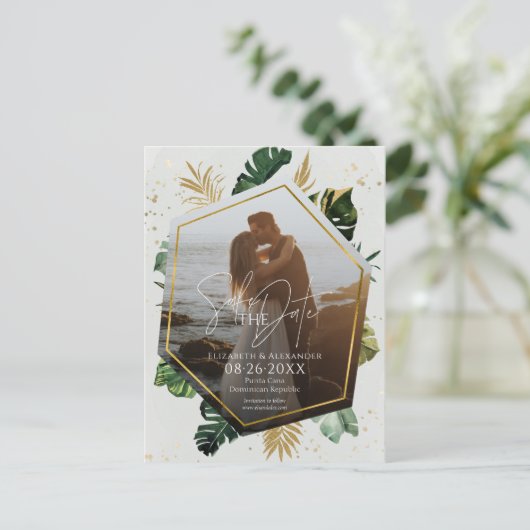 熱帯のヤシの木の写真は日付を保存して金箔 ポストカード (スタンド正面)