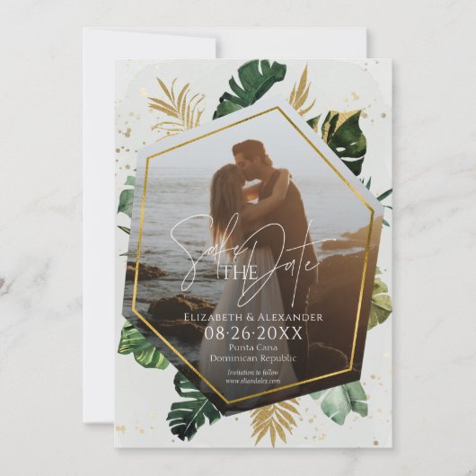 熱帯のヤシの木の写真は日付を保存して金箔 招待状 (正面)