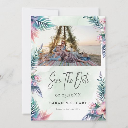熱帯のヤシの木の写真QRコード日付を保存 招待状 (正面)