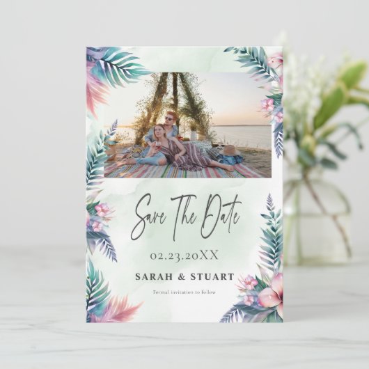 熱帯のヤシの木の写真QRコード日付を保存 招待状 (スタンド正面)