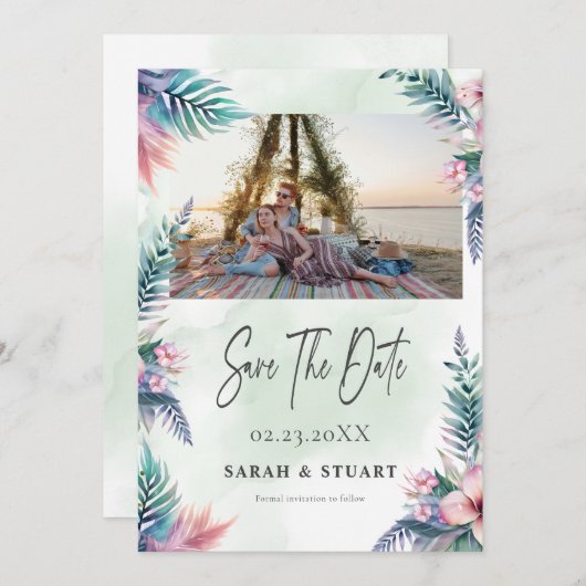 熱帯のヤシの木の写真QRコード日付を保存 招待状 (正面/裏面)