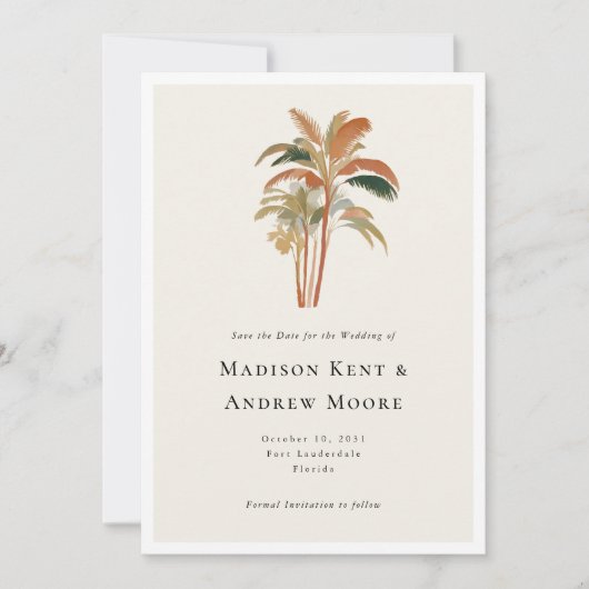 熱帯のヤシの木の水色の写真結婚 セーブザデート (正面)