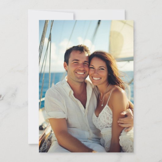 熱帯のヤシの木の水色の写真結婚 セーブザデート (裏面)