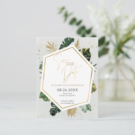 熱帯のヤシの木の金箔のスクリプト日付を保存 ポストカード (スタンド正面)