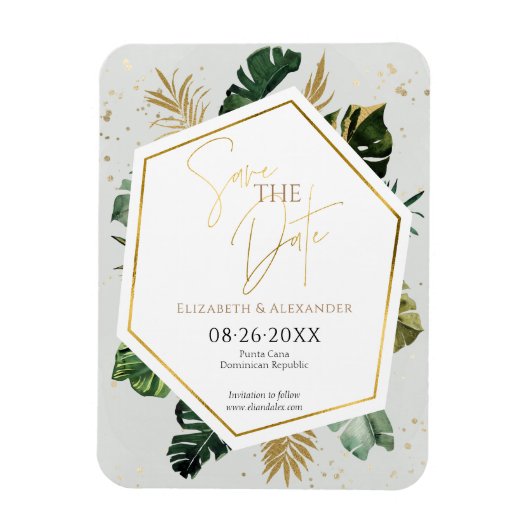 熱帯のヤシの木の金箔のスクリプト日付を保存 マグネット (縦)