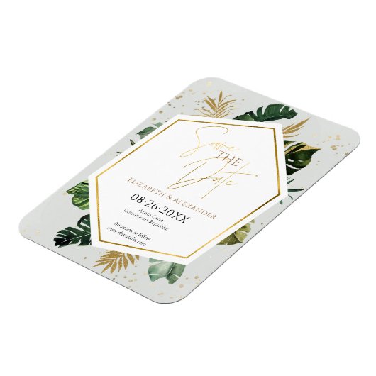 熱帯のヤシの木の金箔のスクリプト日付を保存 マグネット (左側)