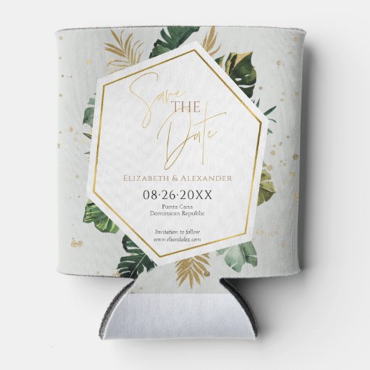 熱帯のヤシの木の金箔のスクリプト日付を保存 缶クーラー (正面)