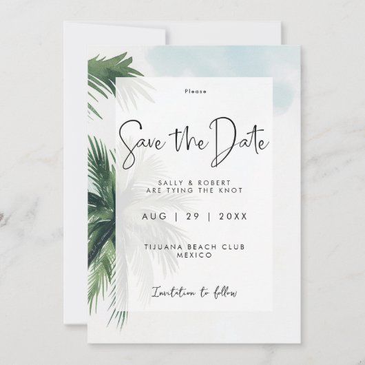 熱帯のヤシの木は日付カードを保存 サンキューカード (正面)