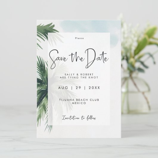 熱帯のヤシの木は日付カードを保存 サンキューカード (スタンド正面)