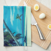 熱帯のヤシの木を持つ砂浜の白いビーチ キッチンタオル (四つ折り)