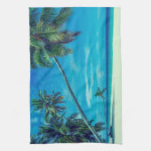熱帯のヤシの木を持つ砂浜の白いビーチ キッチンタオル (縦)