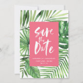 熱帯のヤシの葉とスクリプトの水色ピンク セーブザデート (正面)