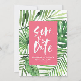 熱帯のヤシの葉とスクリプトの水色ピンク セーブザデート