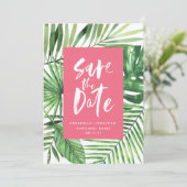 熱帯のヤシの葉とスクリプトの水色ピンク セーブザデート (スタンド正面)