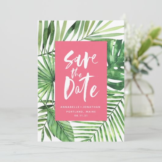 熱帯のヤシの葉とスクリプトの水色ピンク セーブザデート (スタンド正面)