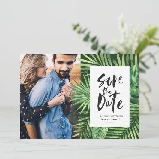 熱帯のヤシの葉とスクリプトの葉の写真 セーブザデート (スタンド正面)