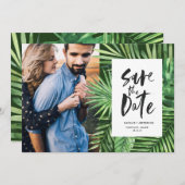 熱帯のヤシの葉とスクリプトの葉の写真 セーブザデート (正面/裏面)