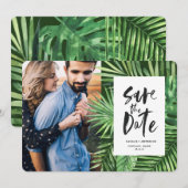 熱帯のヤシの葉とスクリプトの葉の写真 セーブザデート (正面/裏面)