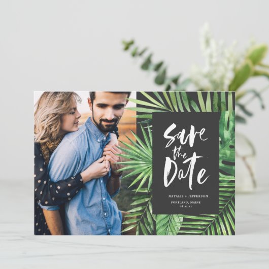 熱帯のヤシの葉とスクリプトの葉の写真 セーブザデート (スタンド正面)