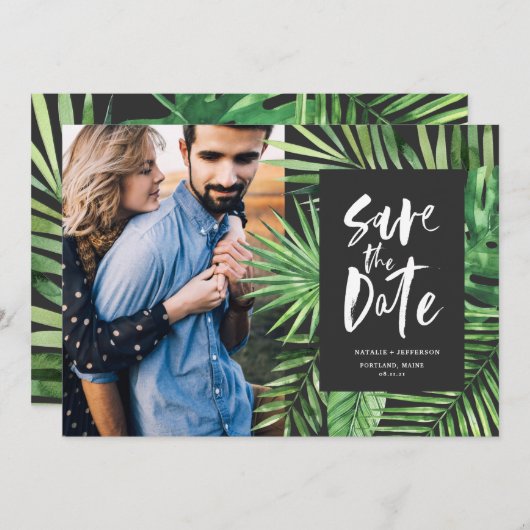 熱帯のヤシの葉とスクリプトの葉の写真 セーブザデート (正面/裏面)