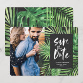 熱帯のヤシの葉とスクリプトの葉の写真 セーブザデート (正面/裏面)