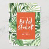 熱帯のヤシの葉とスクリプトブライダルシャワー招待状 セーブザデート (正面/裏面)