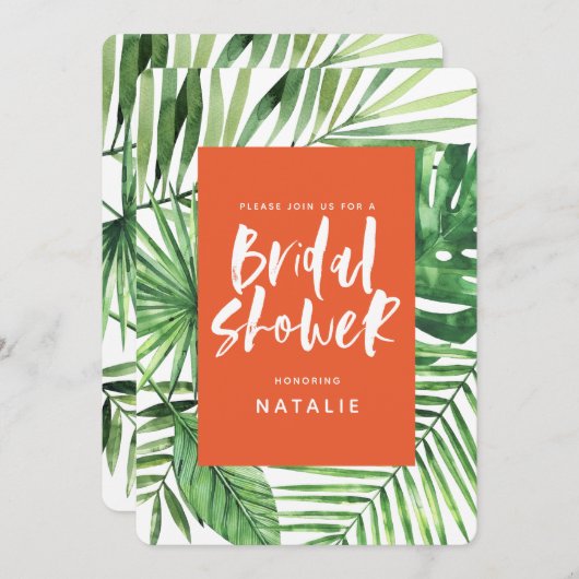 熱帯のヤシの葉とスクリプトブライダルシャワー招待状 セーブザデート (正面/裏面)