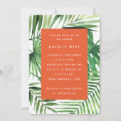 熱帯のヤシの葉とスクリプトブライダルシャワー招待状 セーブザデート (裏面)