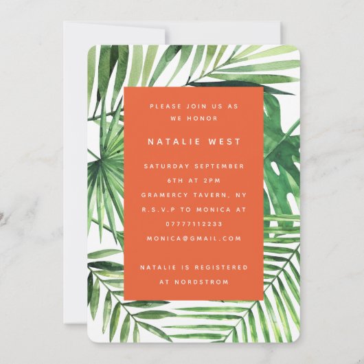 熱帯のヤシの葉とスクリプトブライダルシャワー招待状 セーブザデート (裏面)