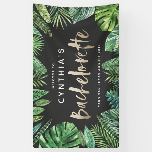 熱帯のヤシの葉とスクリプト金ゴールドバチェロレッテ 横断幕 (縦)