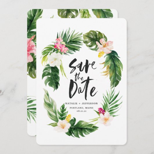 熱帯のヤシの葉とフローラの水色の葉 セーブザデート (正面/裏面)