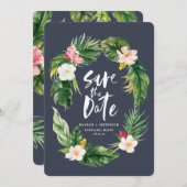 熱帯のヤシの葉とフローラの水色の葉 セーブザデート (正面/裏面)